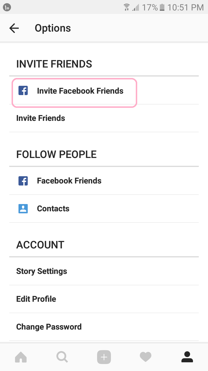 دعوت از دوستان در اینستاگرام از طریق اتصال به فیس بوک