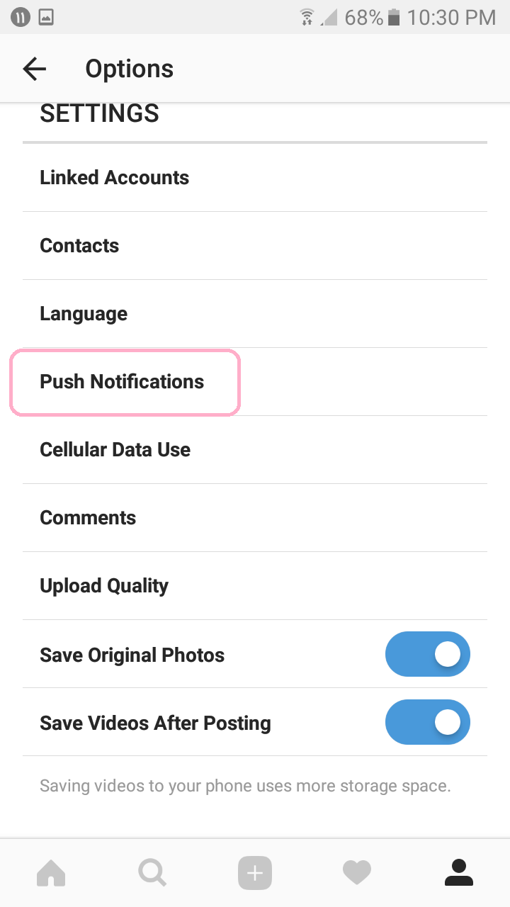 گزینه Push Notification در منوی تنظیمات اینستاگرام
