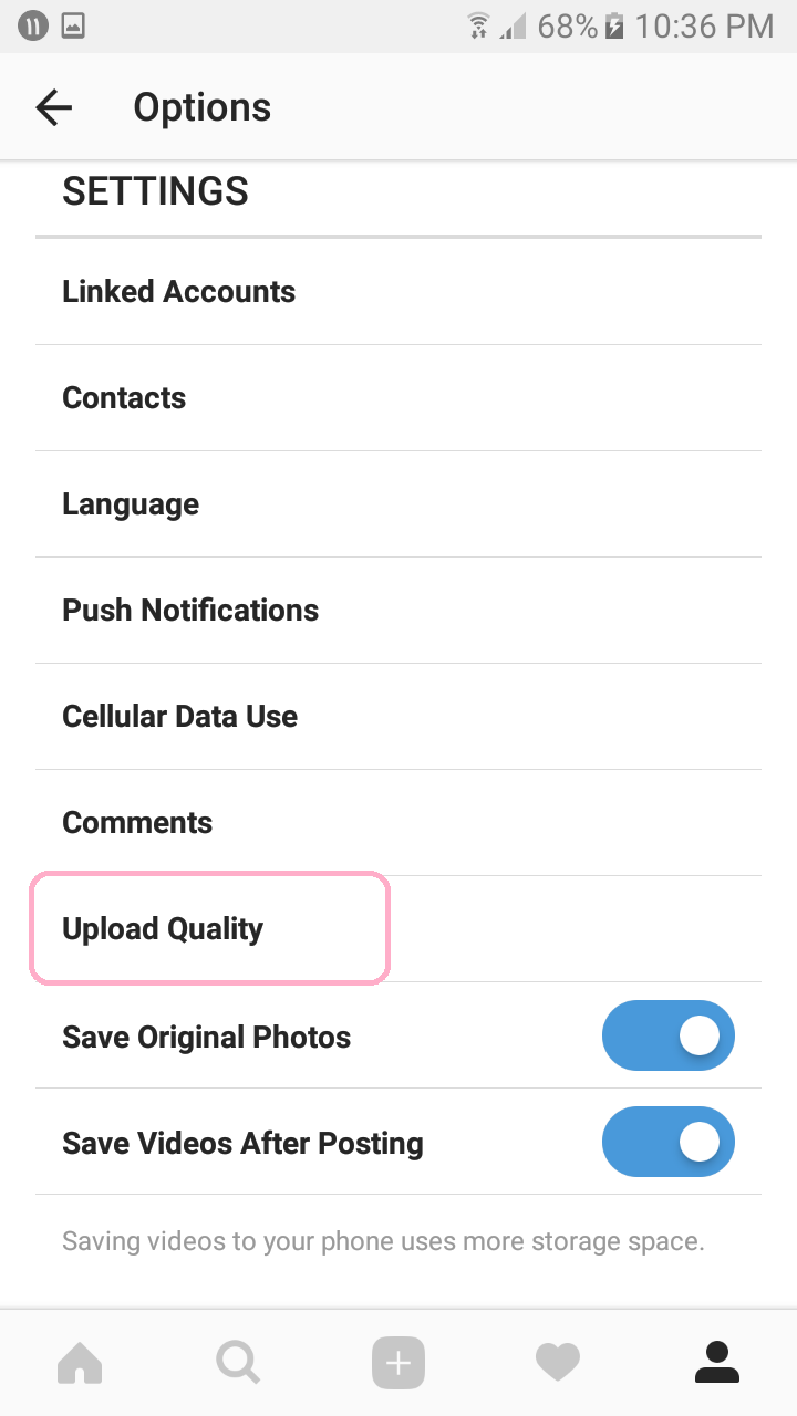 گزینه Upload Quality در منوی تنظیمات اینستاگرام